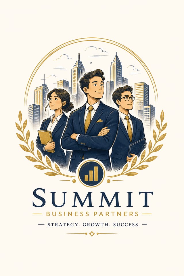 Business Logo — illustration style logo concept, featuring professional office imagery, suit silhouettes, navy and gold palette