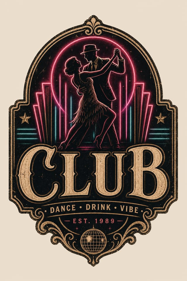 Club Logo — vintage style logo concept, featuring neon lights, dance imagery, dark background with bright accents
