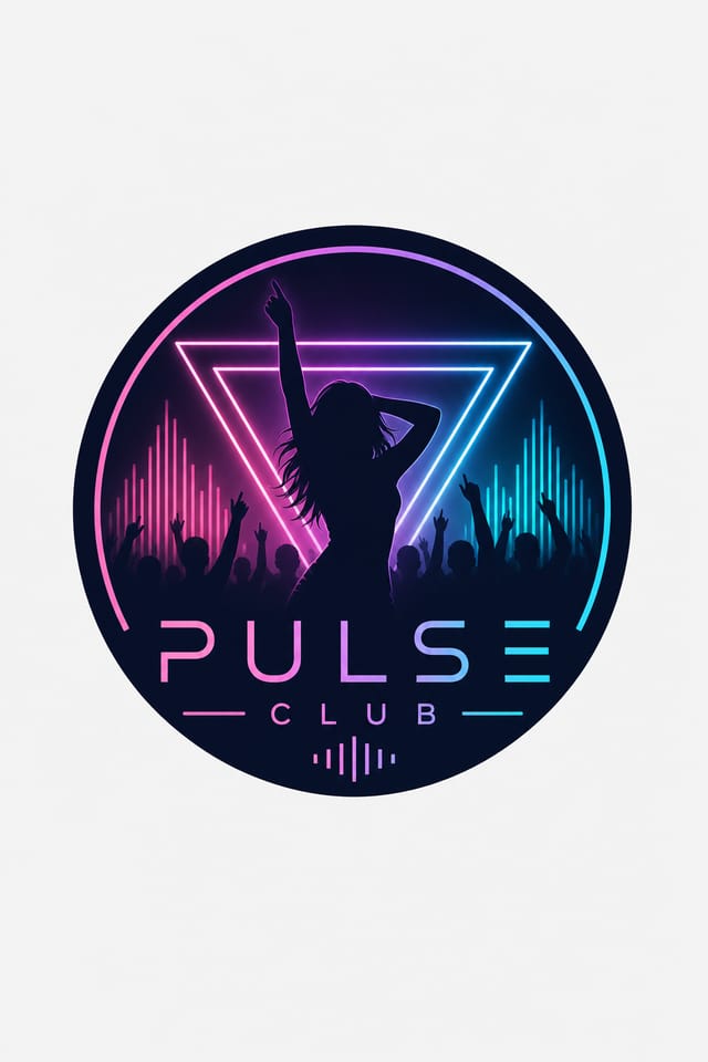 Club Logo — modern style logo concept, featuring neon lights, dance imagery, dark background with bright accents