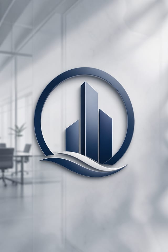 Company Logo — photo-realistic style logo concept, featuring corporate office, abstract gradient, navy and white palette