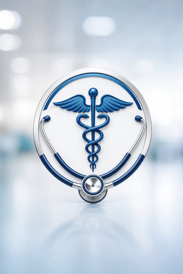 Doctor Logo — photo-realistic style logo concept, featuring medical caduceus, stethoscope, clean white/blue palette, healthcare imagery