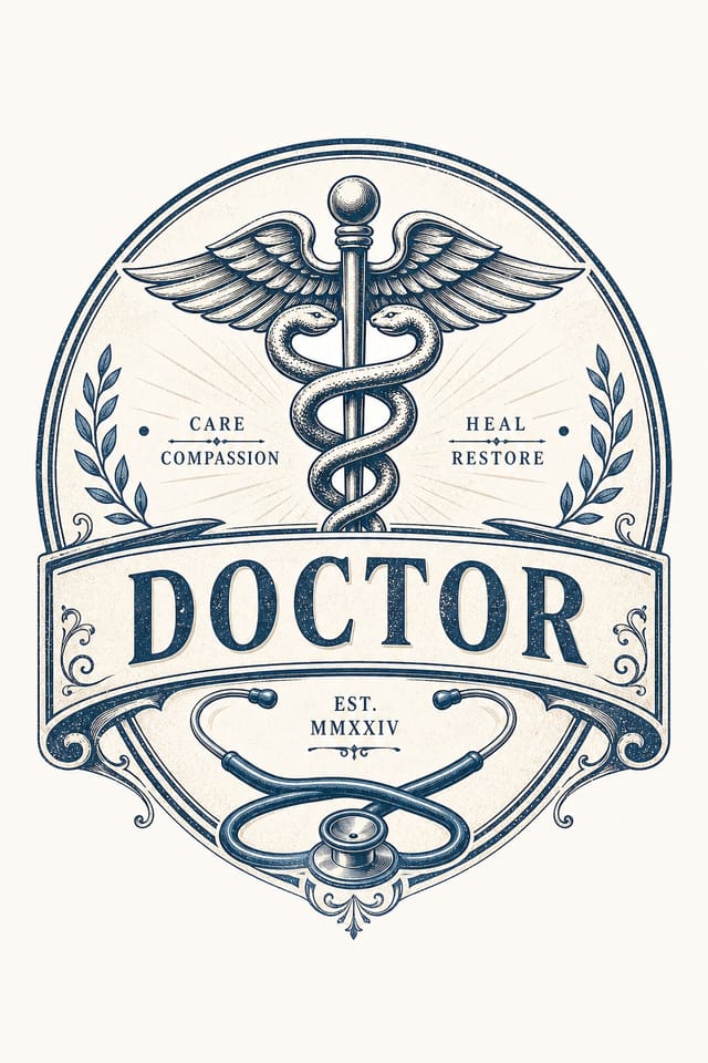 Doctor Logo — vintage style logo concept, featuring medical caduceus, stethoscope, clean white/blue palette, healthcare imagery
