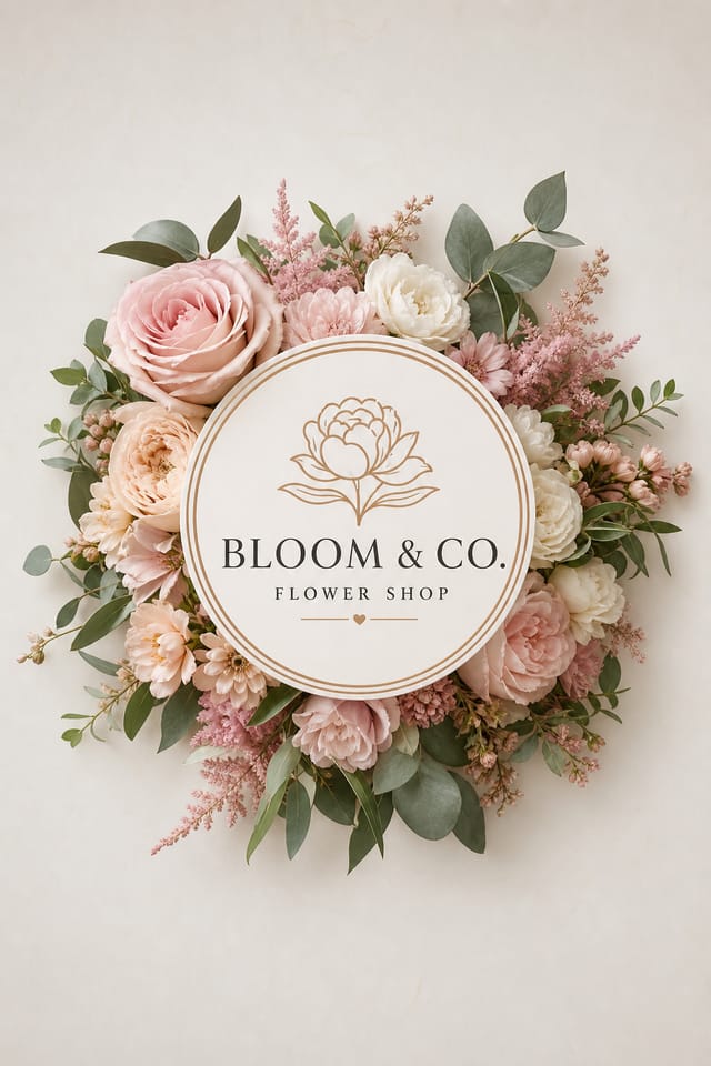 Flower Shop Logo — photo-realistic style logo concept, featuring botanical floral imagery, garden palette, organic curves