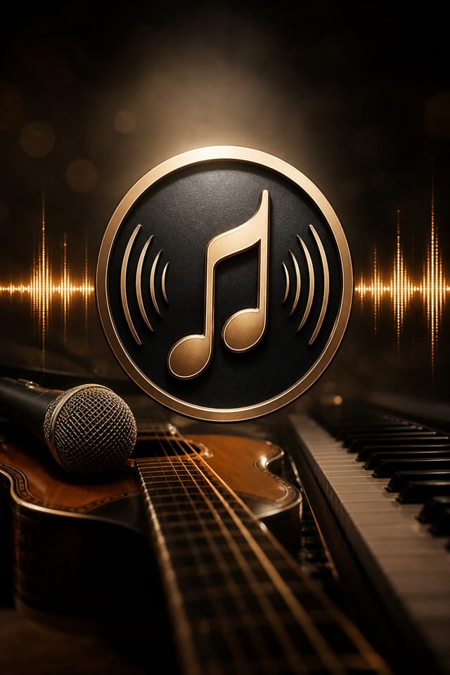 Music Logo — photo-realistic style logo concept, featuring musical notes, instruments, sound waves, performance imagery