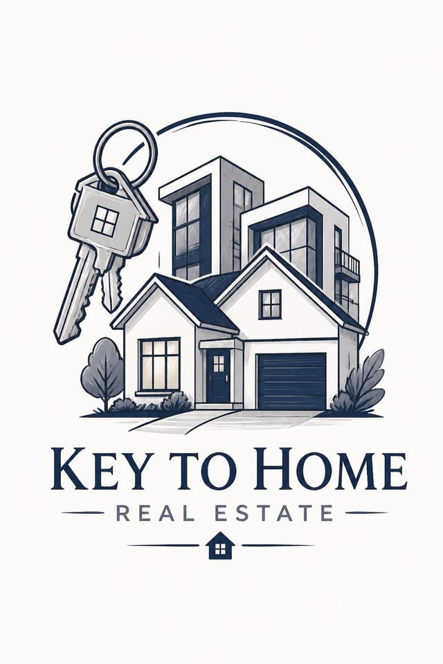 Real Estate Logo — illustration style logo concept, featuring houses, keys, modern architecture, navy and grey palette, professional
