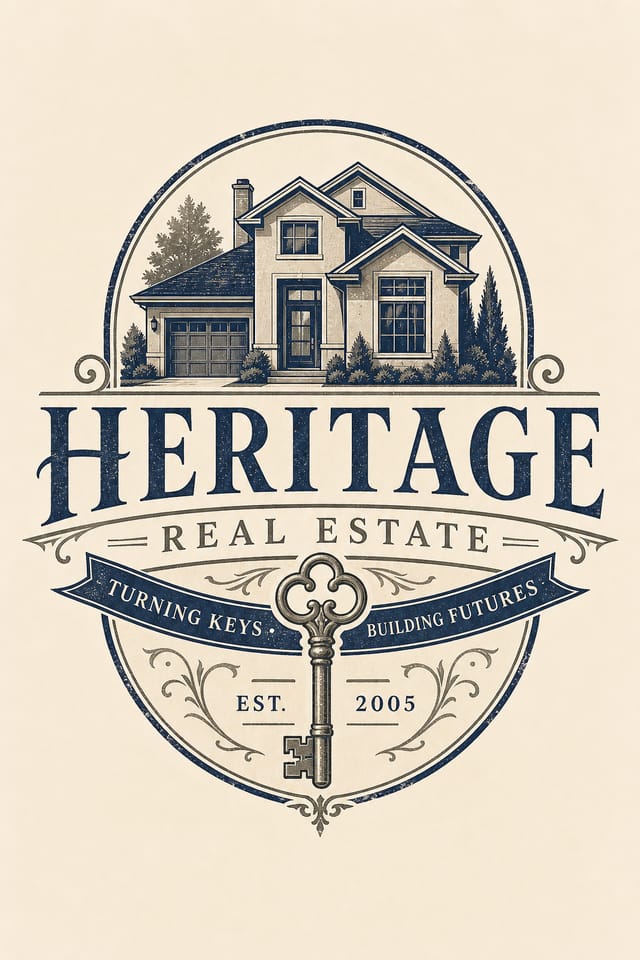 Real Estate Logo — vintage style logo concept, featuring houses, keys, modern architecture, navy and grey palette, professional