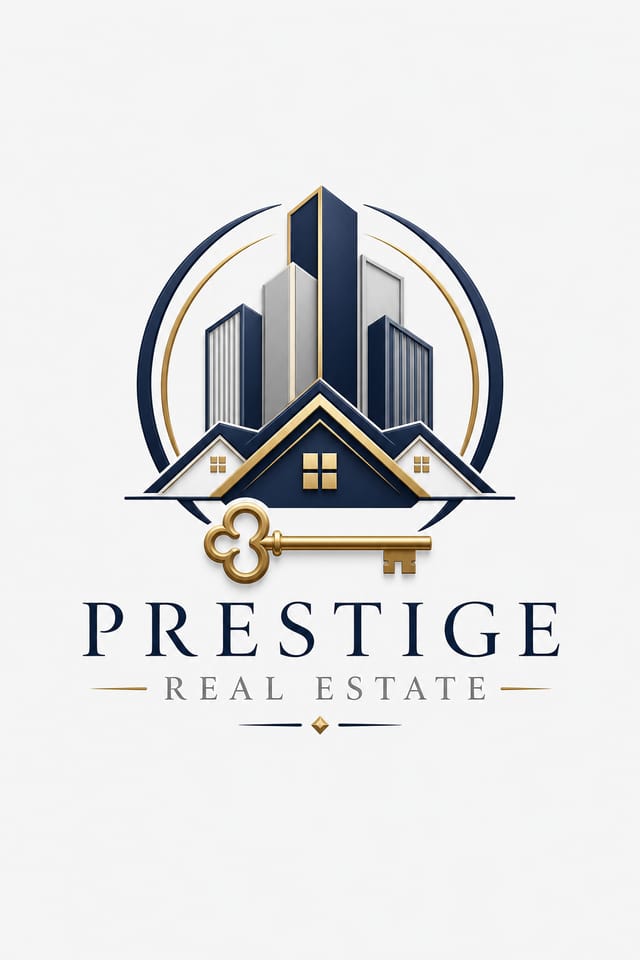 Real Estate Logo — elegant style logo concept, featuring houses, keys, modern architecture, navy and grey palette, professional