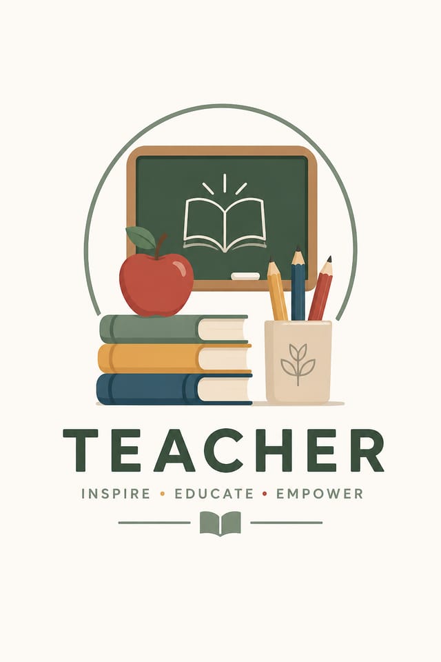 Teacher Logo — modern style logo concept, featuring books, pencils, apple, chalkboard, warm scholarly palette