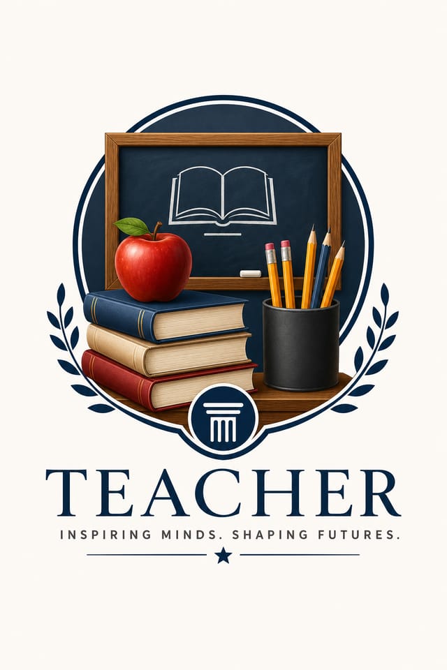 Teacher Logo — corporate style logo concept, featuring books, pencils, apple, chalkboard, warm scholarly palette