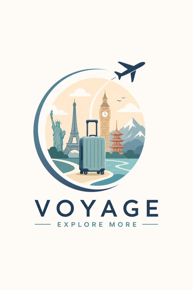 Travel Logo — modern style logo concept, featuring landmarks, suitcase, plane, scenic vistas