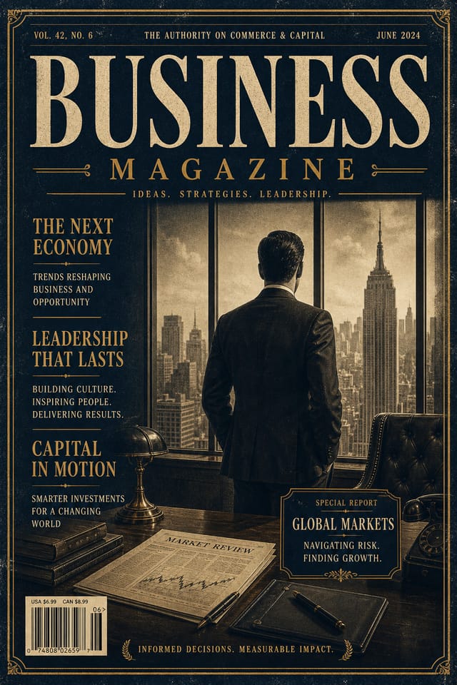 Business Magazine Cover — vintage style magazine cover, featuring professional office imagery, suit silhouettes, navy and gold palette