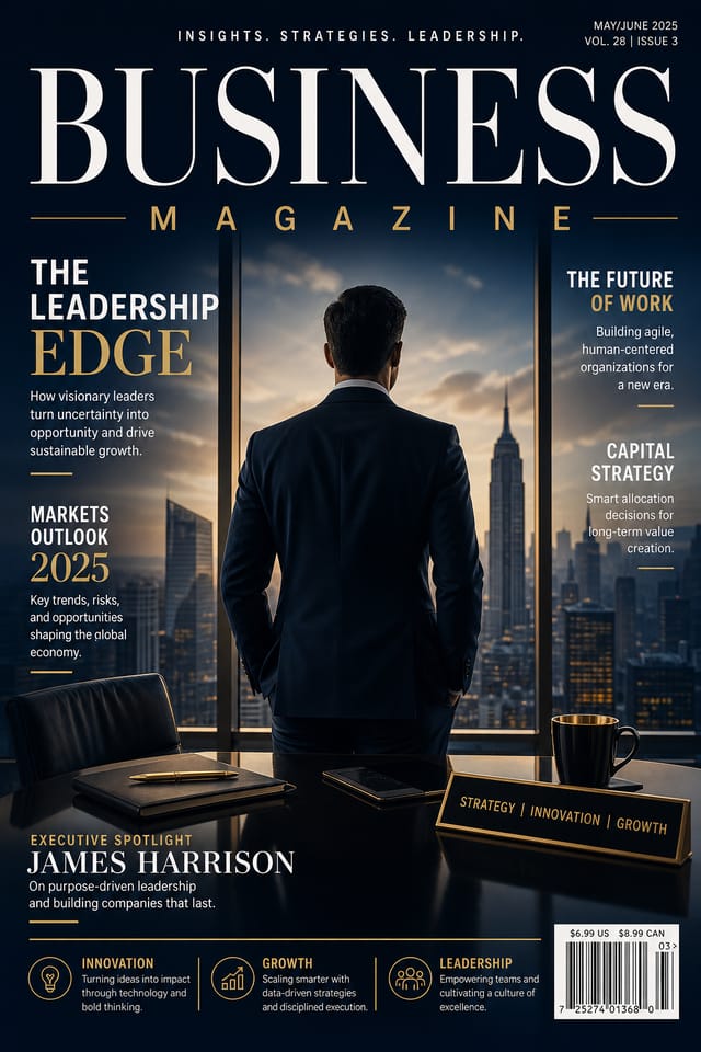 Business Magazine Cover — elegant style magazine cover, featuring professional office imagery, suit silhouettes, navy and gold palette