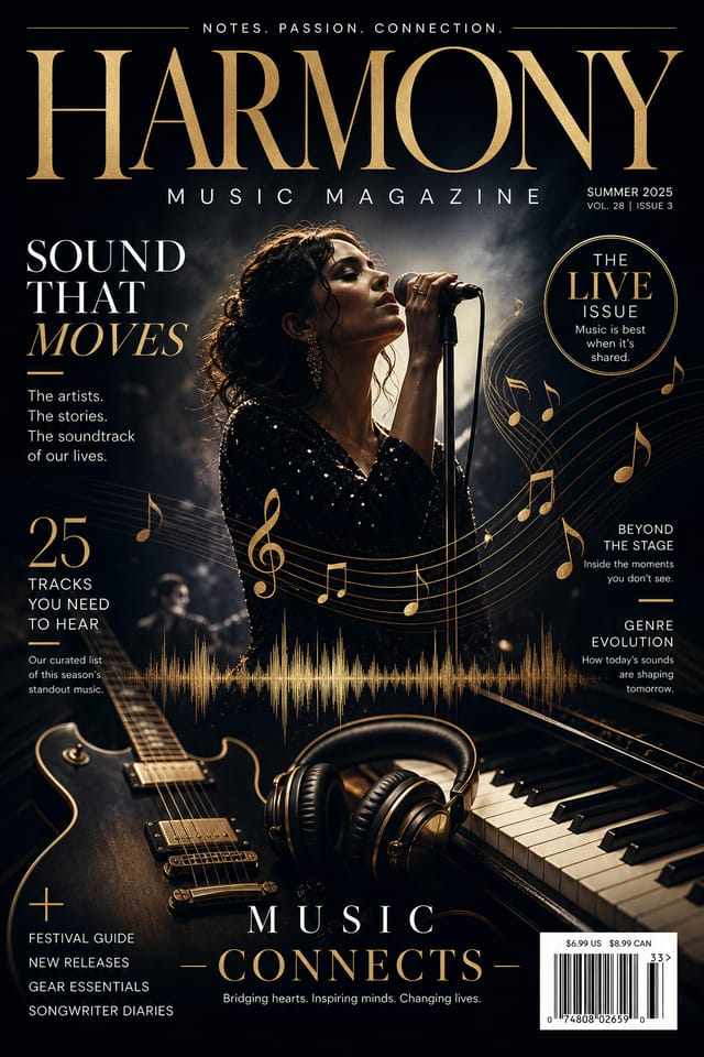 Music Magazine Cover — elegant style magazine cover, featuring musical notes, instruments, sound waves, performance imagery