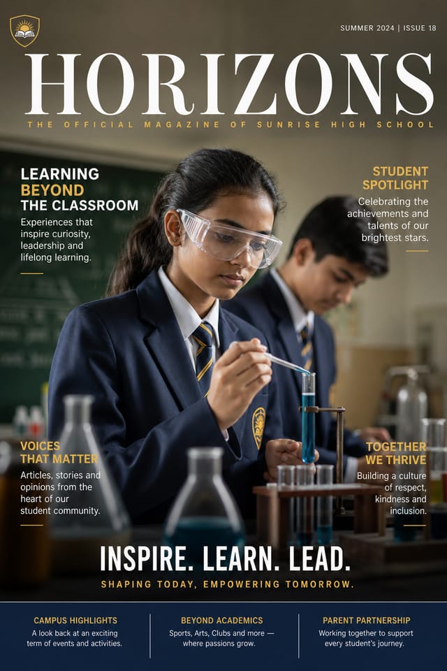 School Magazine Cover — photo-realistic style magazine cover