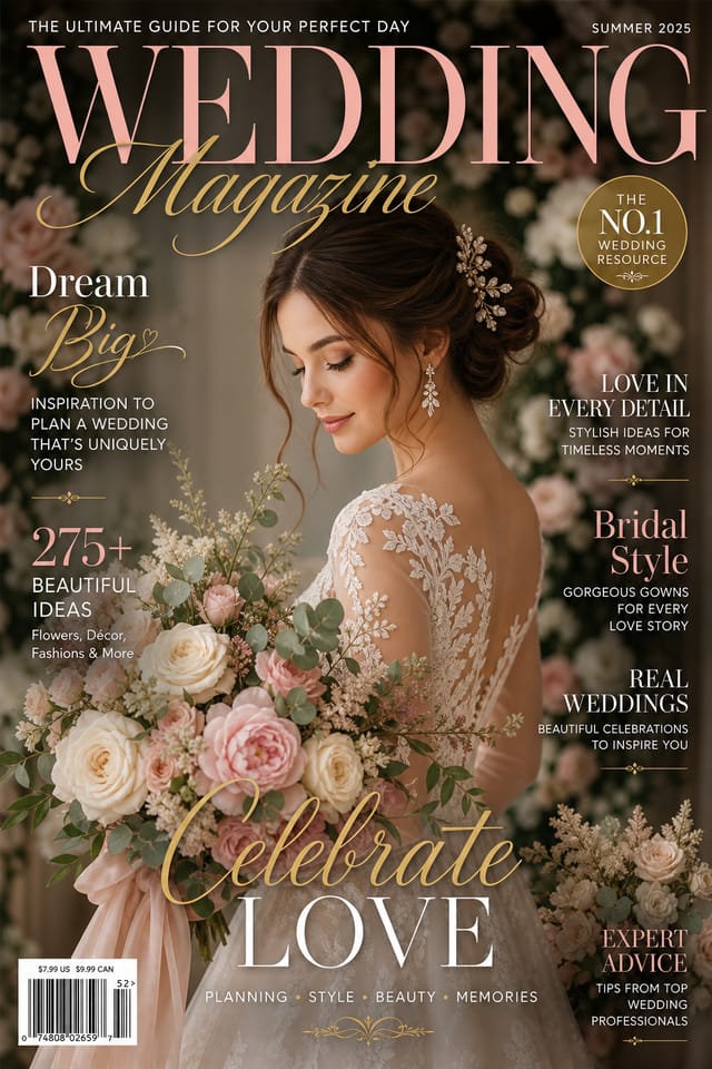 Wedding Magazine Cover — elegant style magazine cover, featuring romantic floral arrangements, soft pastels (blush, ivory, sage), elegant calligraphy