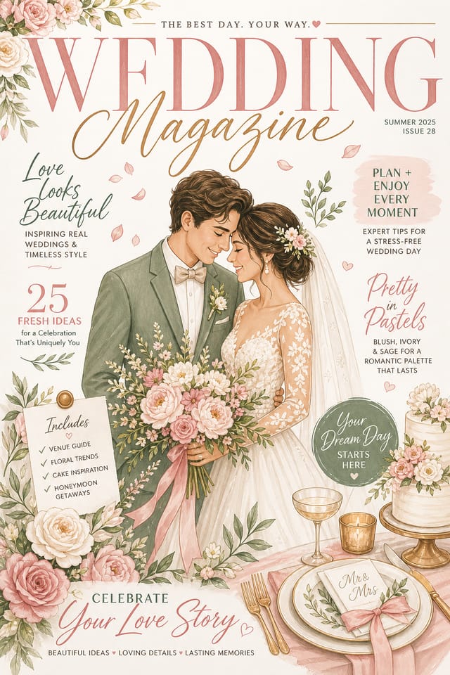 Wedding Magazine Cover — illustration style magazine cover, featuring romantic floral arrangements, soft pastels (blush, ivory, sage), elegant calligraphy