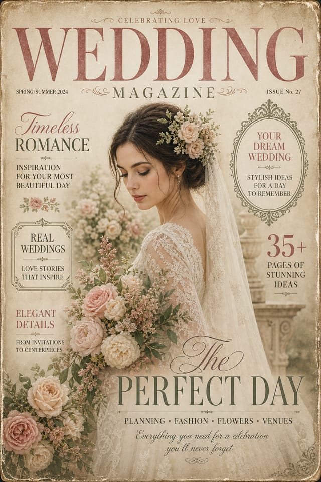 Wedding Magazine Cover — vintage style magazine cover, featuring romantic floral arrangements, soft pastels (blush, ivory, sage), elegant calligraphy