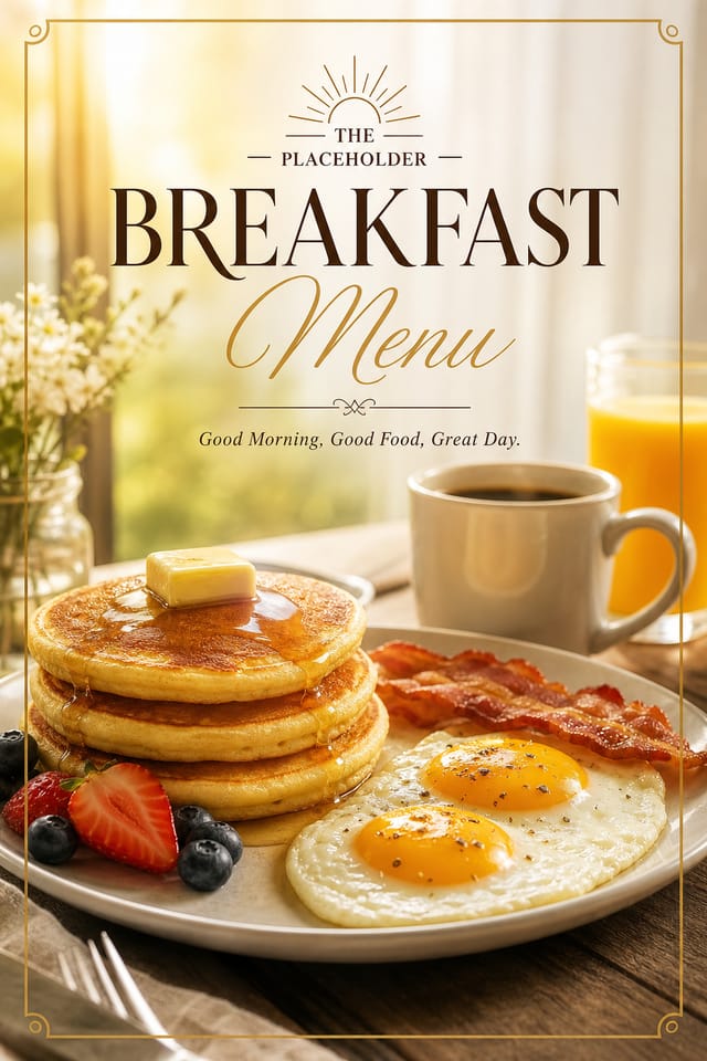 Breakfast Menu — photo-realistic style menu cover, featuring pancakes, eggs, coffee, morning light, warm yellows