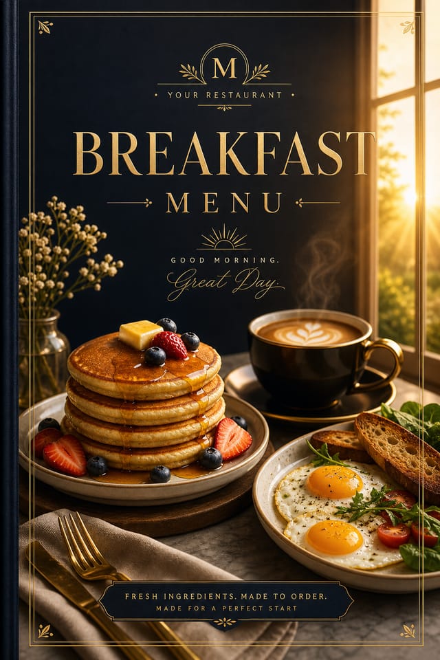 Breakfast Menu — elegant style menu cover, featuring pancakes, eggs, coffee, morning light, warm yellows