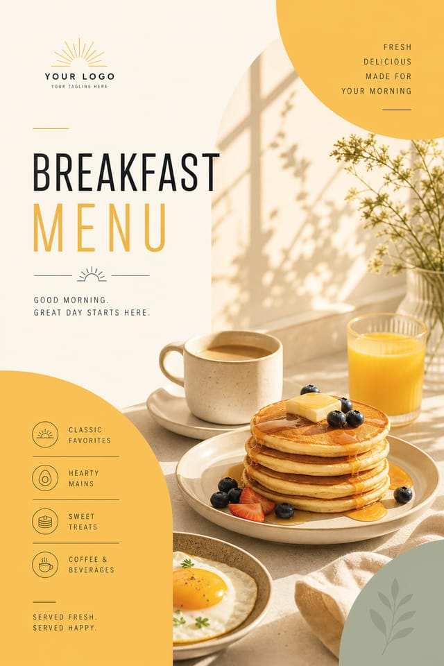 Breakfast Menu — modern style menu cover, featuring pancakes, eggs, coffee, morning light, warm yellows