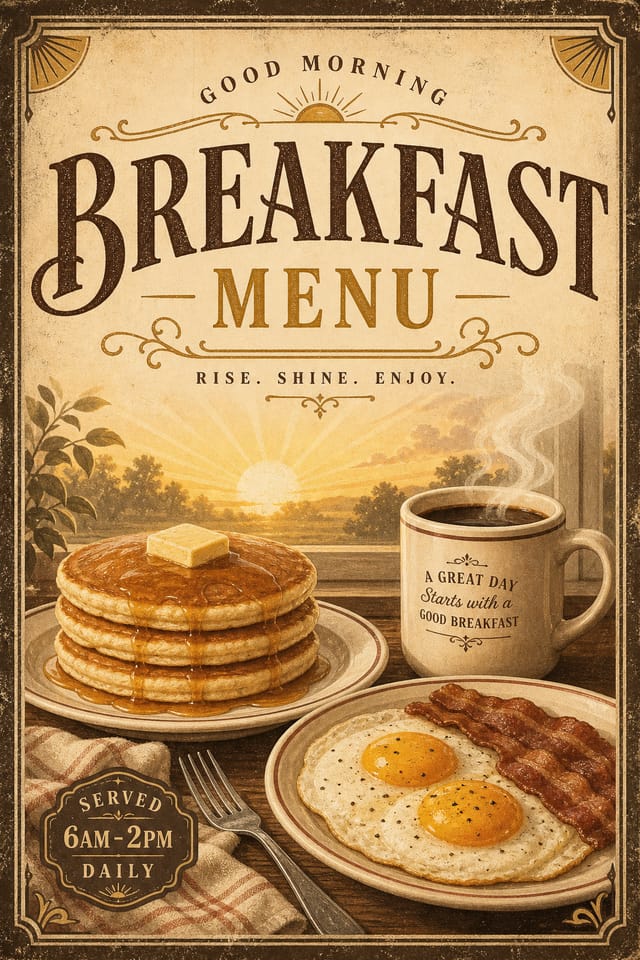 Breakfast Menu — vintage style menu cover, featuring pancakes, eggs, coffee, morning light, warm yellows