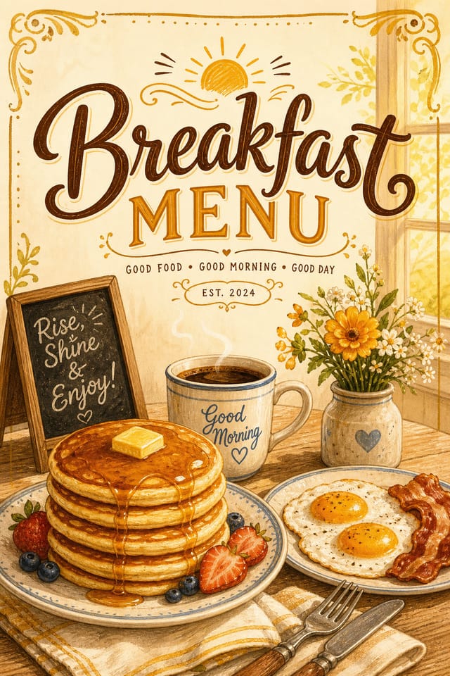 Breakfast Menu — illustration style menu cover, featuring pancakes, eggs, coffee, morning light, warm yellows
