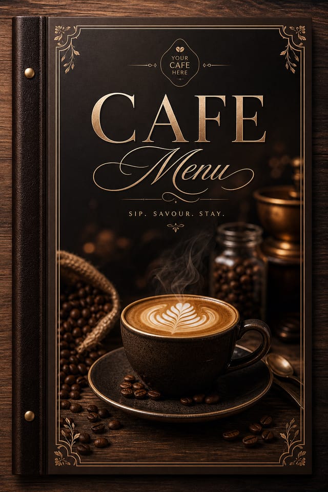 Cafe Menu — elegant style menu cover, featuring coffee cup with steam, beans, latte art, warm browns, cozy atmosphere