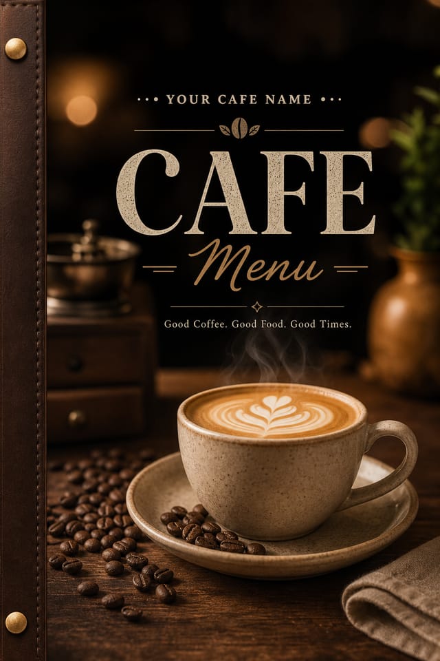Cafe Menu — photo-realistic style menu cover, featuring coffee cup with steam, beans, latte art, warm browns, cozy atmosphere