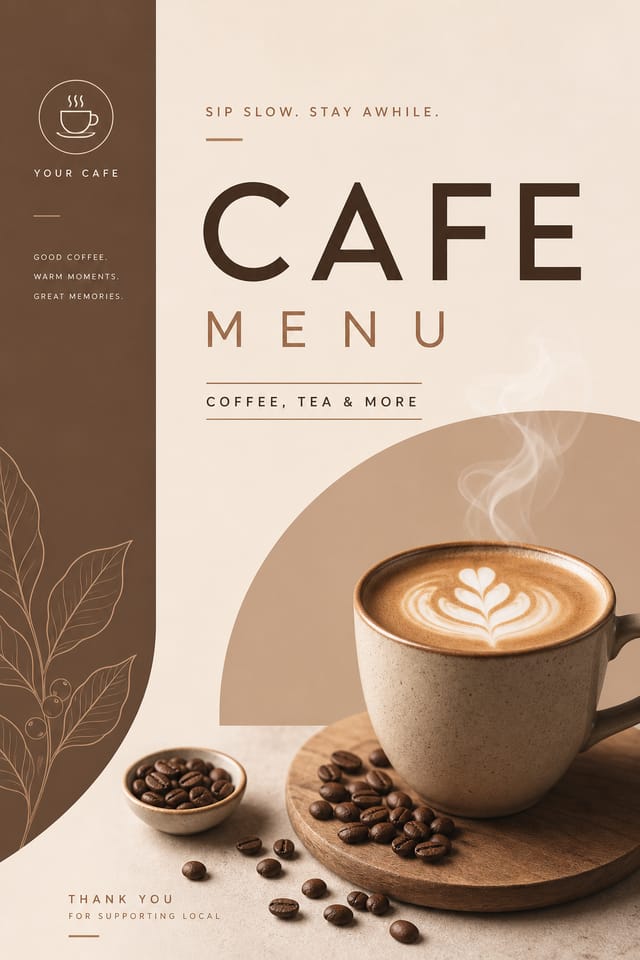 Cafe Menu — modern style menu cover, featuring coffee cup with steam, beans, latte art, warm browns, cozy atmosphere