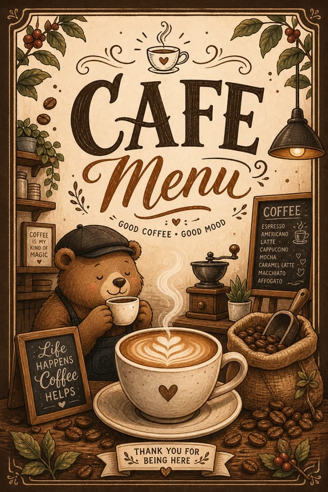 Cafe Menu — illustration style menu cover, featuring coffee cup with steam, beans, latte art, warm browns, cozy atmosphere