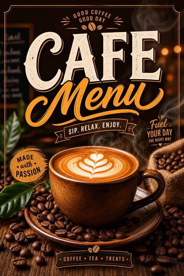 Cafe Menu — vibrant style menu cover, featuring coffee cup with steam, beans, latte art, warm browns, cozy atmosphere