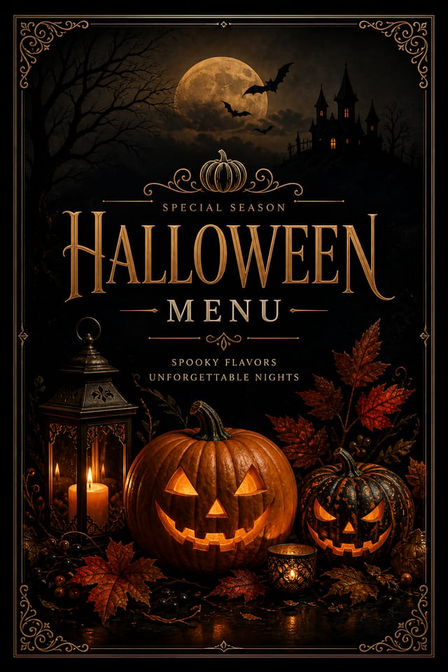 Halloween Menu — elegant style menu cover, featuring pumpkins, autumn leaves, orange and black palette, spooky silhouettes