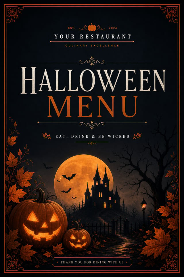Halloween Menu — corporate style menu cover, featuring pumpkins, autumn leaves, orange and black palette, spooky silhouettes
