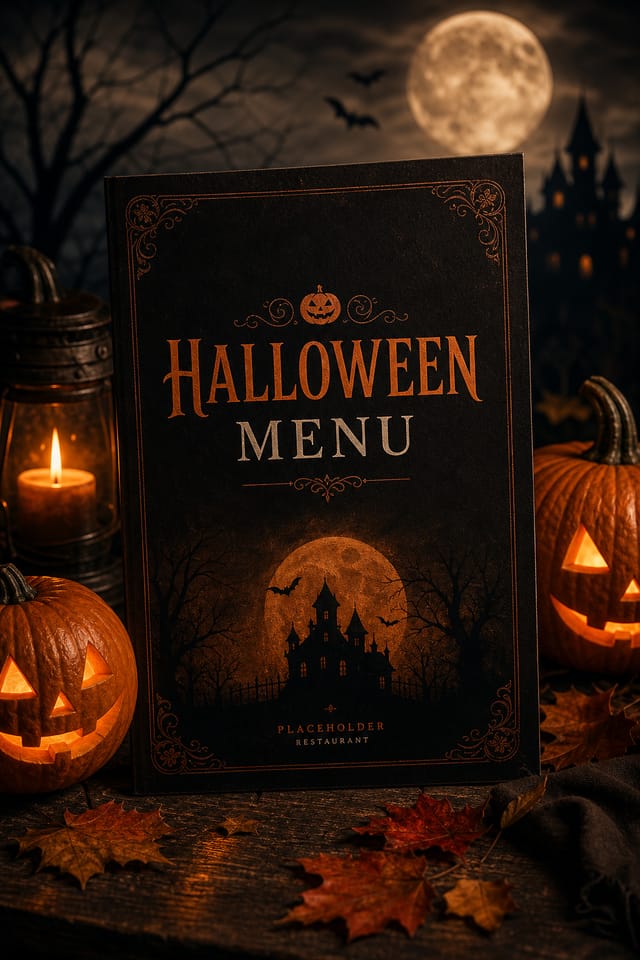 Halloween Menu — photo-realistic style menu cover, featuring pumpkins, autumn leaves, orange and black palette, spooky silhouettes