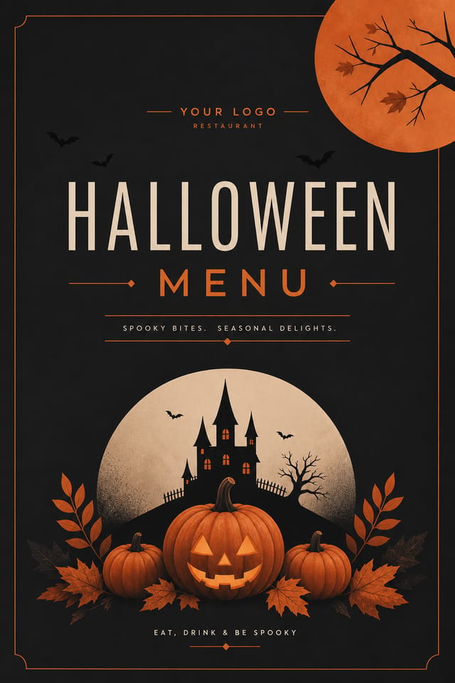 Halloween Menu — modern style menu cover, featuring pumpkins, autumn leaves, orange and black palette, spooky silhouettes