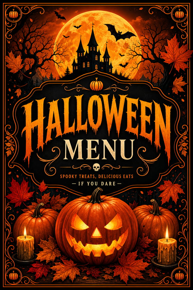Halloween Menu — vibrant style menu cover, featuring pumpkins, autumn leaves, orange and black palette, spooky silhouettes