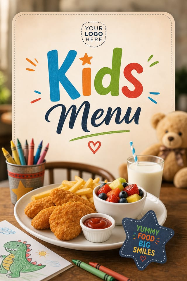 Kids Menu — photo-realistic style menu cover