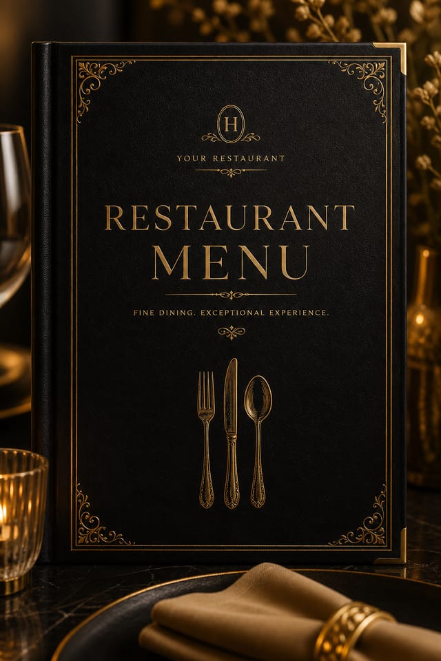 Restaurant Menu — elegant style menu cover, featuring culinary imagery, fine dining, elegant typography, warm gold tones