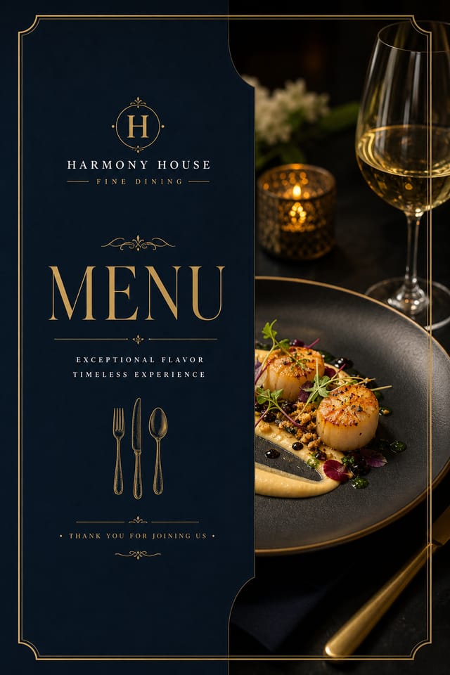 Restaurant Menu — corporate style menu cover, featuring culinary imagery, fine dining, elegant typography, warm gold tones