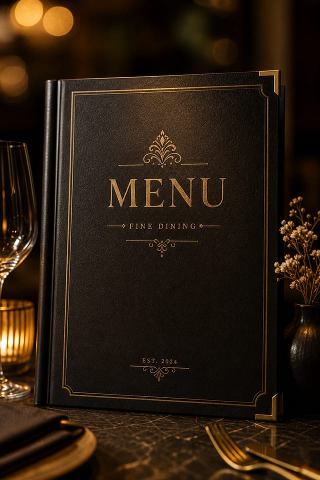 Restaurant Menu — photo-realistic style menu cover, featuring culinary imagery, fine dining, elegant typography, warm gold tones