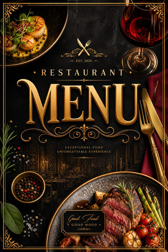 Restaurant Menu — vibrant style menu cover, featuring culinary imagery, fine dining, elegant typography, warm gold tones