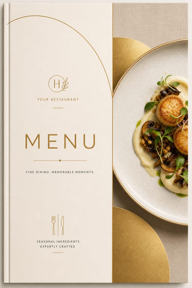 Restaurant Menu — modern style menu cover, featuring culinary imagery, fine dining, elegant typography, warm gold tones