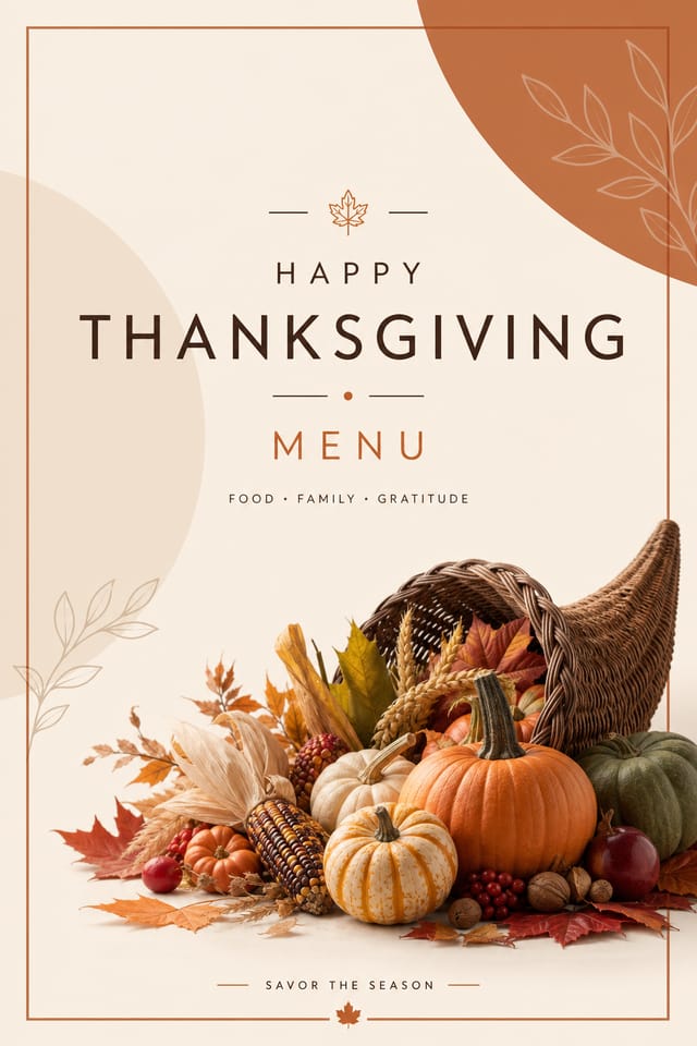 Thanksgiving Menu — modern style menu cover, featuring autumn harvest, pumpkins, fall leaves, warm browns and oranges, cornucopia