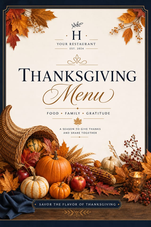 Thanksgiving Menu — corporate style menu cover, featuring autumn harvest, pumpkins, fall leaves, warm browns and oranges, cornucopia