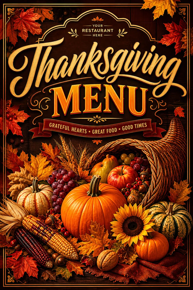 Thanksgiving Menu — vibrant style menu cover, featuring autumn harvest, pumpkins, fall leaves, warm browns and oranges, cornucopia