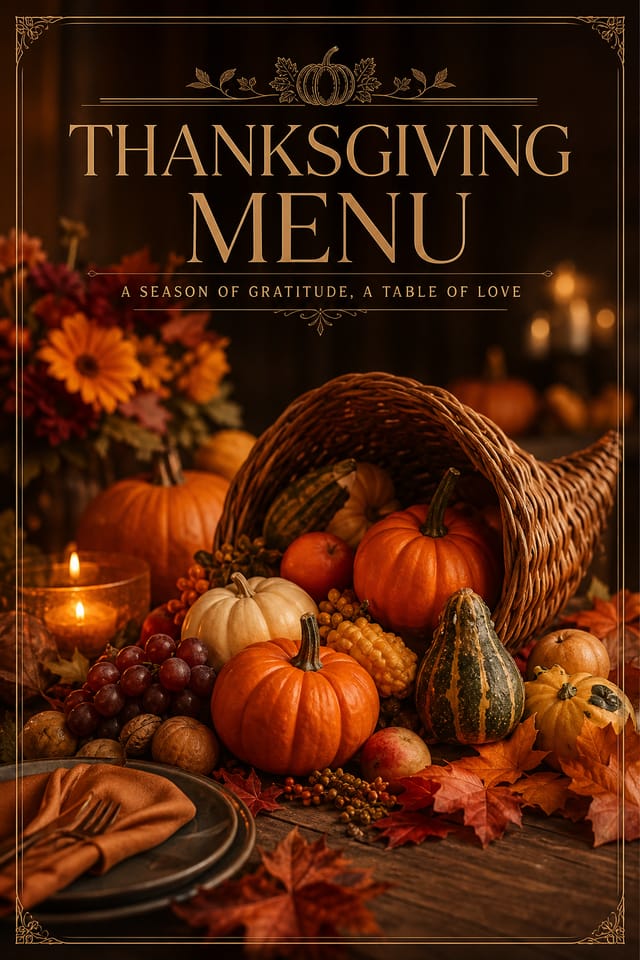 Thanksgiving Menu — photo-realistic style menu cover, featuring autumn harvest, pumpkins, fall leaves, warm browns and oranges, cornucopia