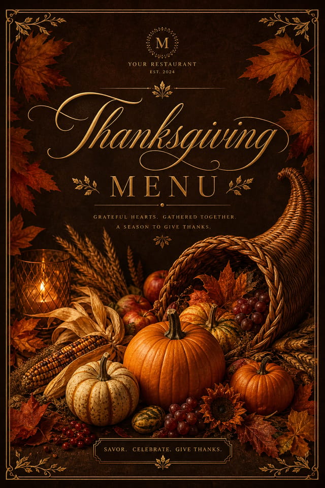 Thanksgiving Menu — elegant style menu cover, featuring autumn harvest, pumpkins, fall leaves, warm browns and oranges, cornucopia