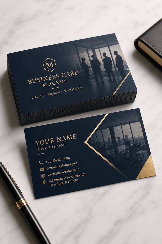 Business Card Mockup — elegant style product mockup, featuring professional office imagery, suit silhouettes, navy and gold palette