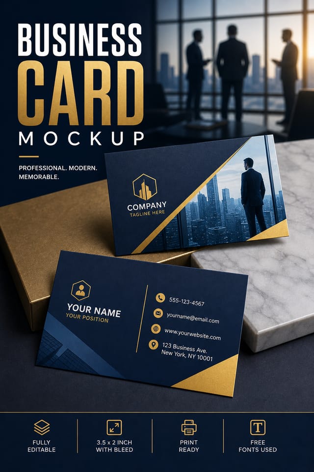 Business Card Mockup — vibrant style product mockup, featuring professional office imagery, suit silhouettes, navy and gold palette