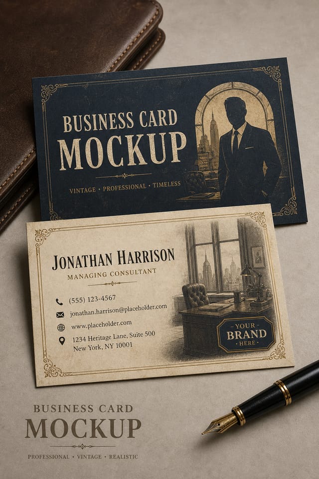 Business Card Mockup — vintage style product mockup, featuring professional office imagery, suit silhouettes, navy and gold palette